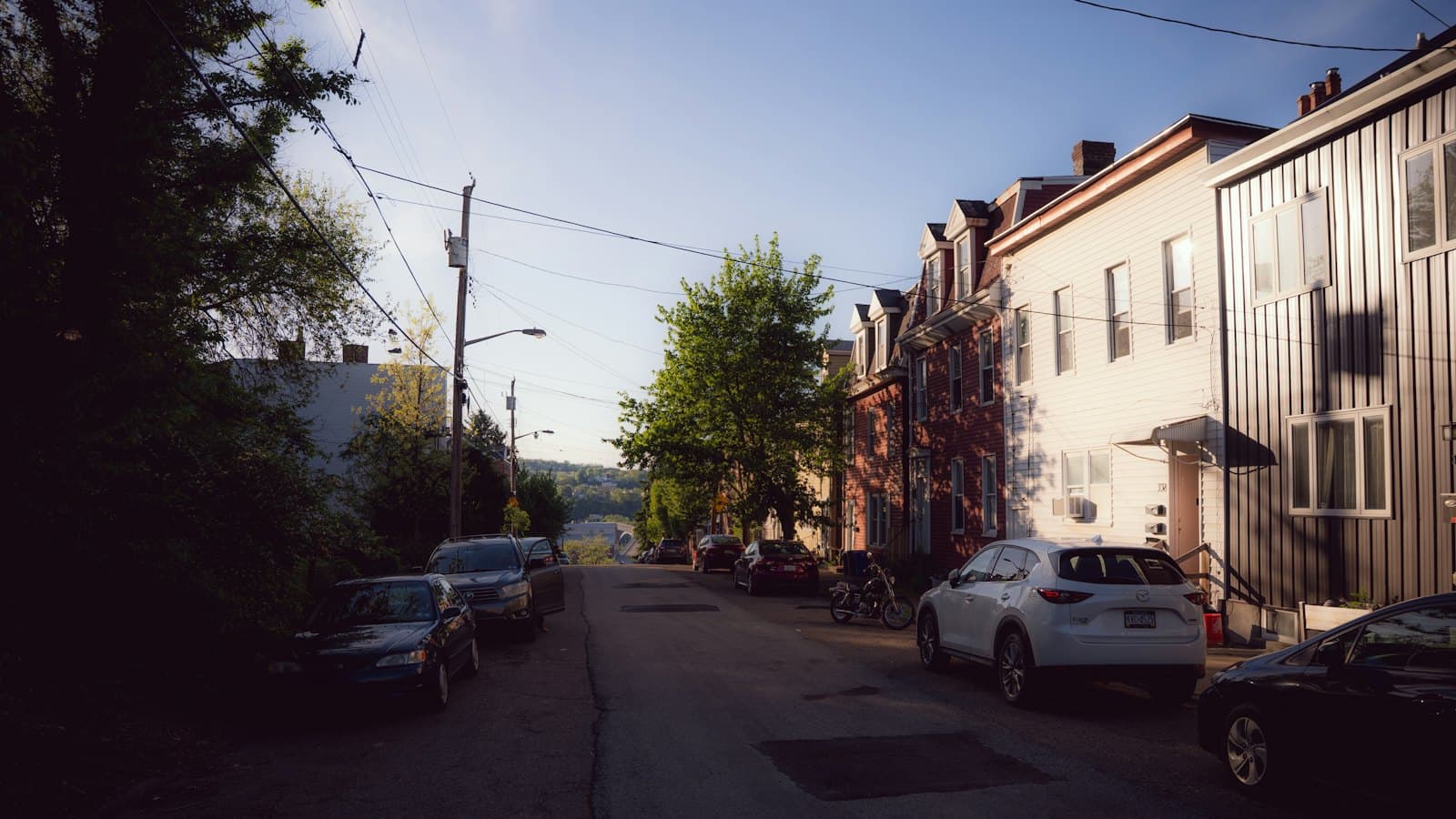 Quiet residential street lined with parked cars and green trees