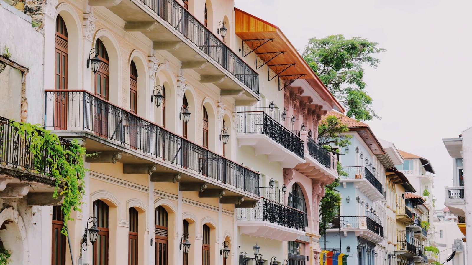 Restored colonial buildings with iron balconies in Casco Viejo, Panama City