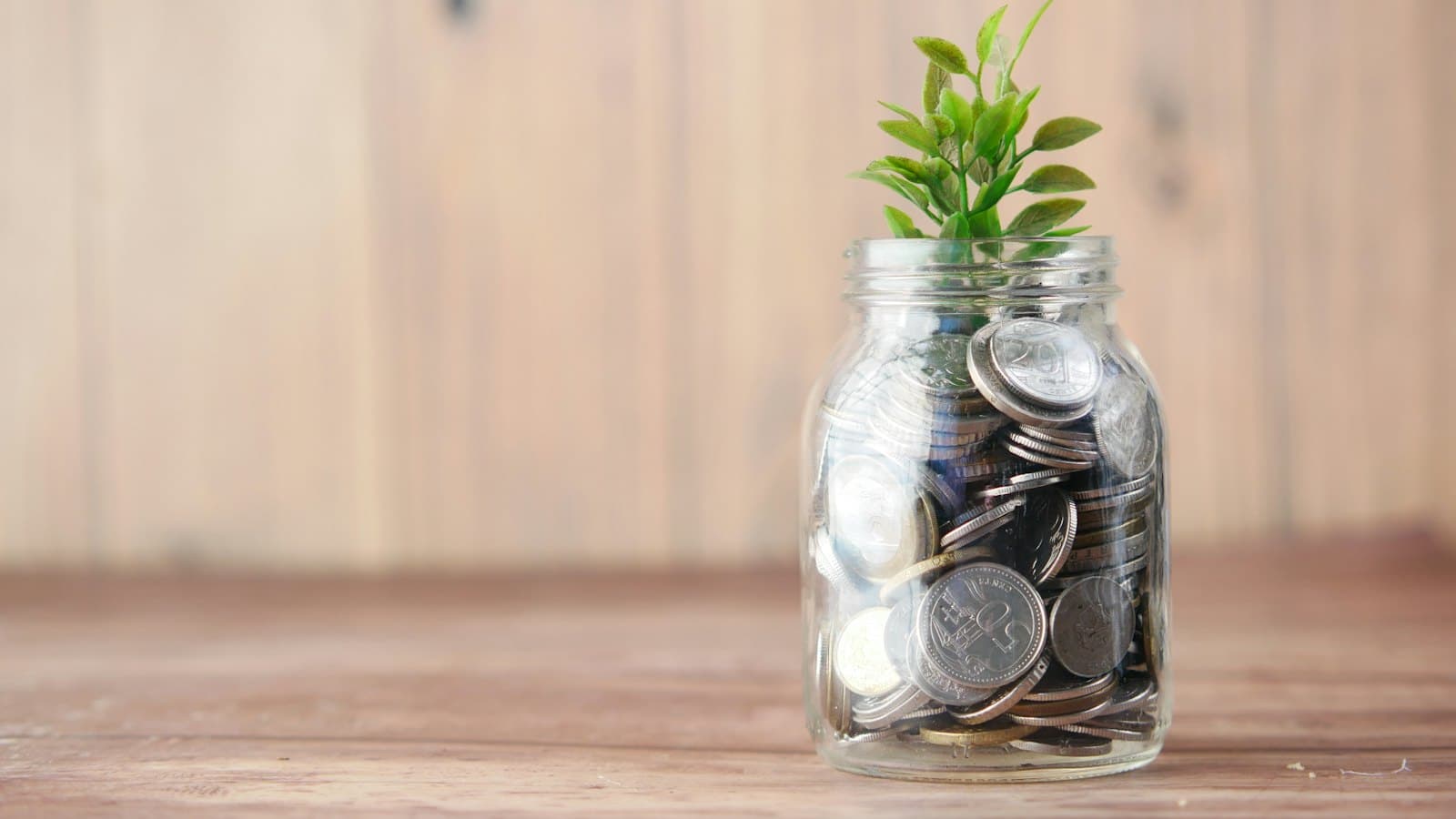 A glass jar filled with saved coins beside a small green plant