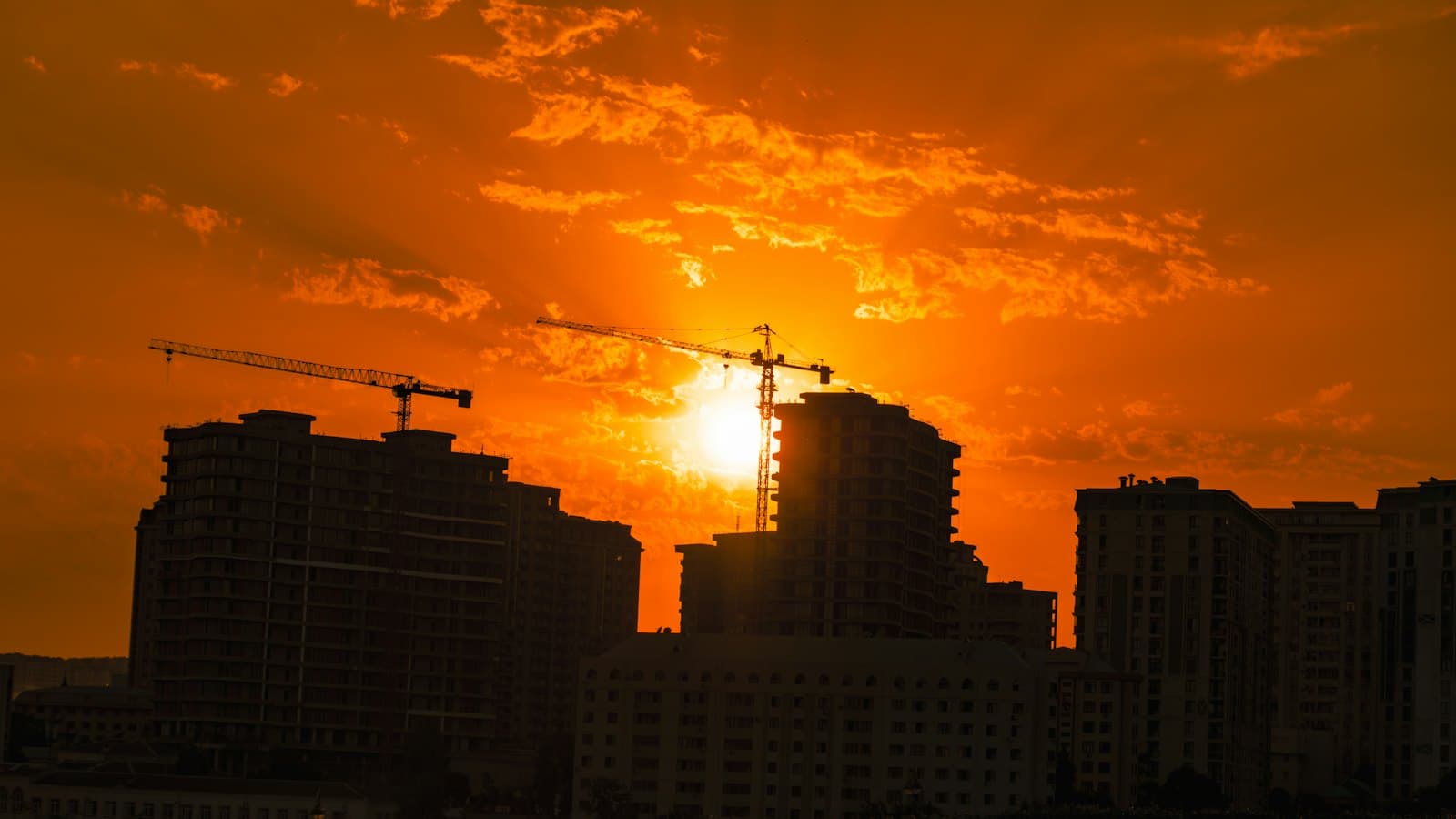 A city skyline with construction cranes silhouetted against an orange sunset