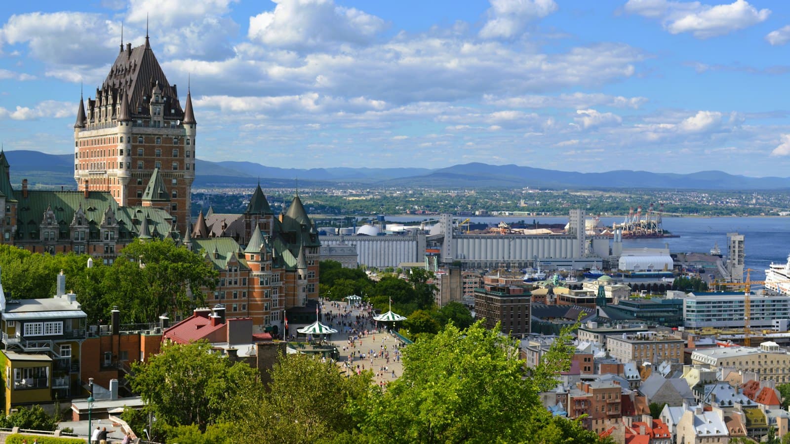 Château Frontenac and the Quebec City skyline under a clear blue sky