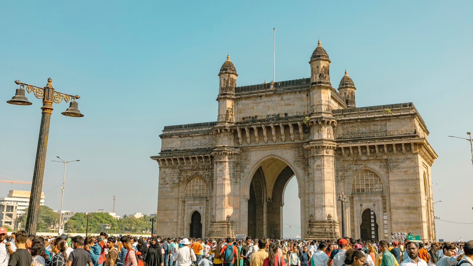 Crowds of visitors gathered outside the Gateway of India in Mumbai