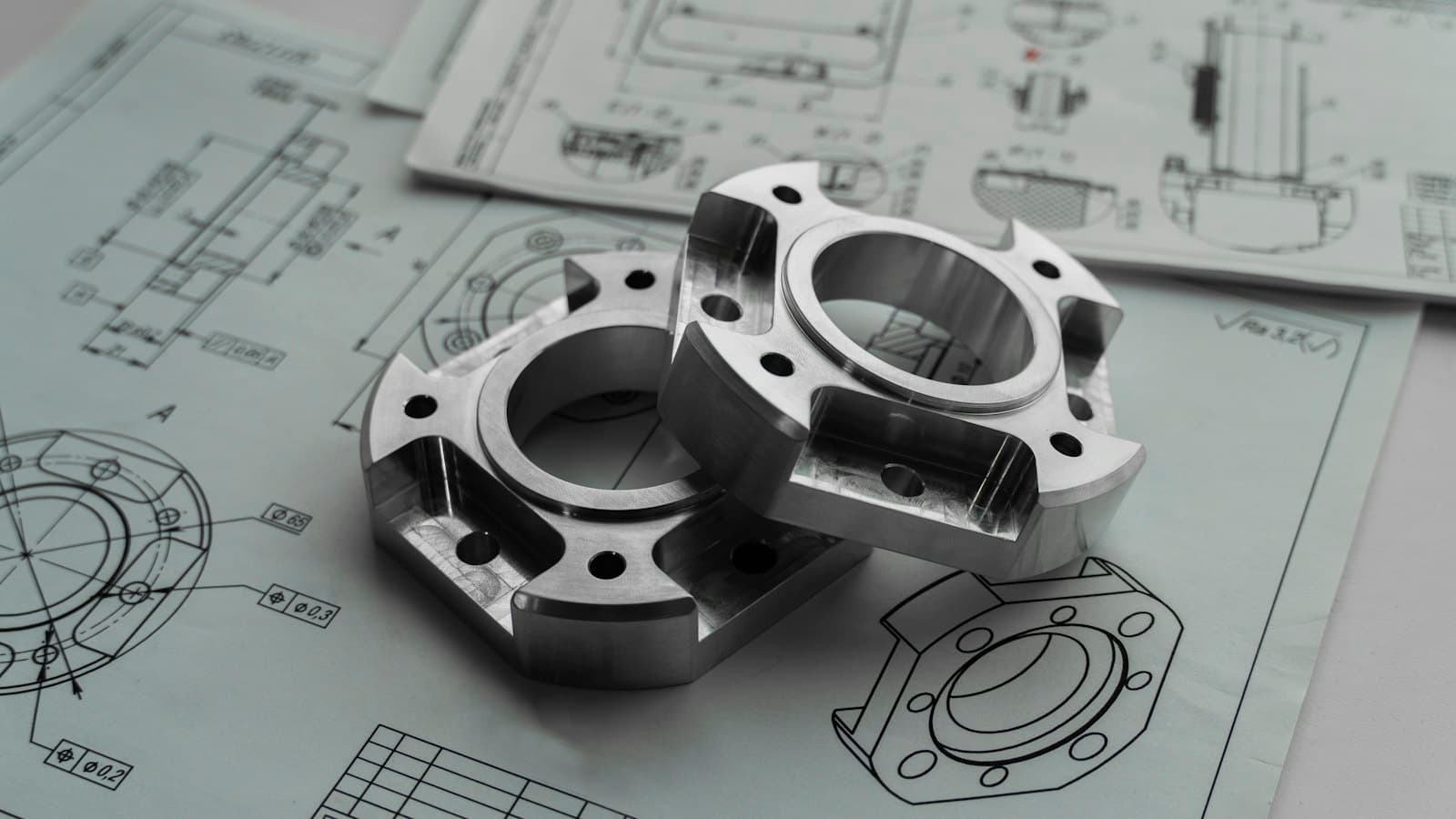 Two machined metal parts resting on mechanical engineering blueprints