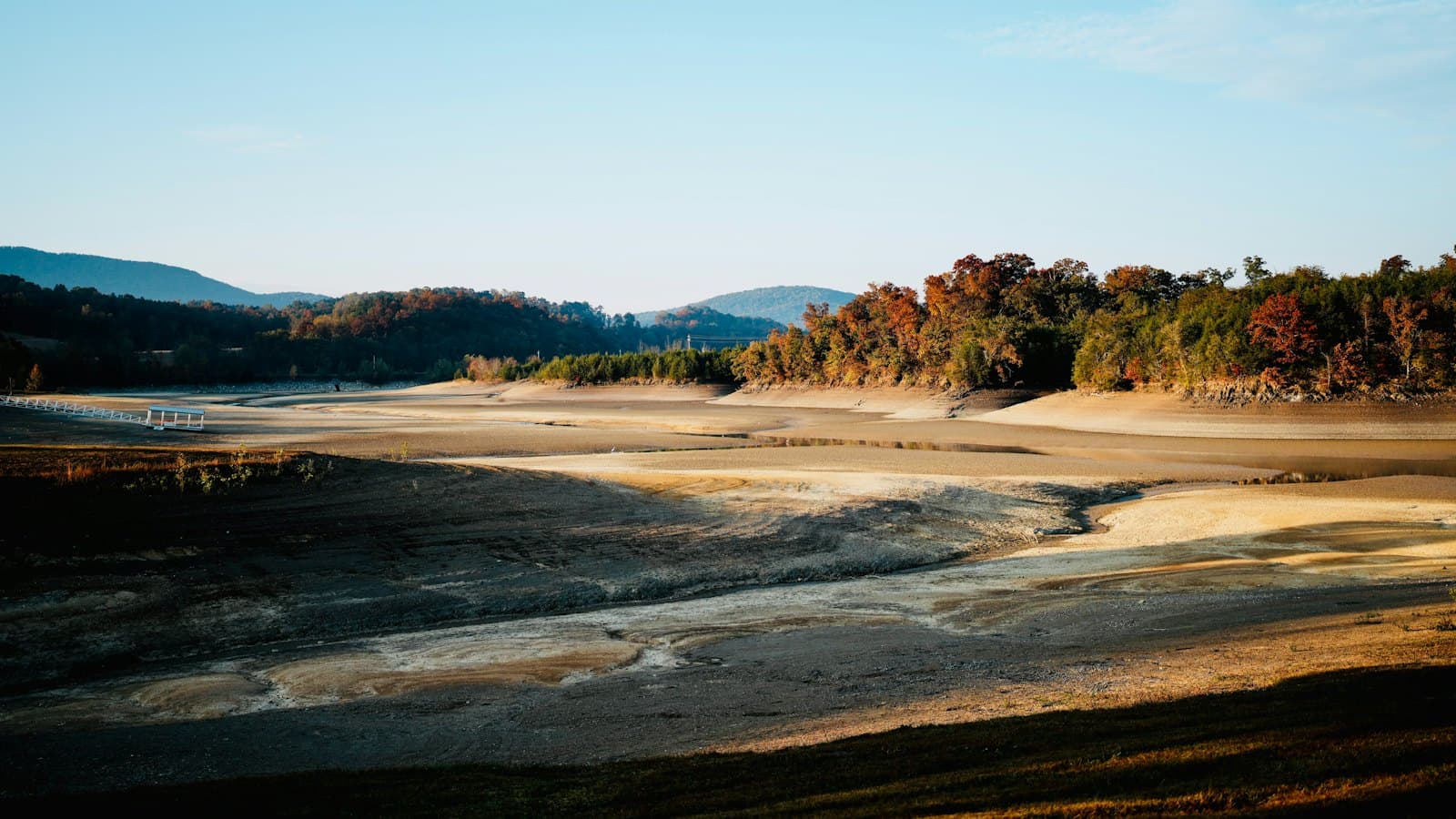 A dry lake bed with scattered trees and hills under an open sky