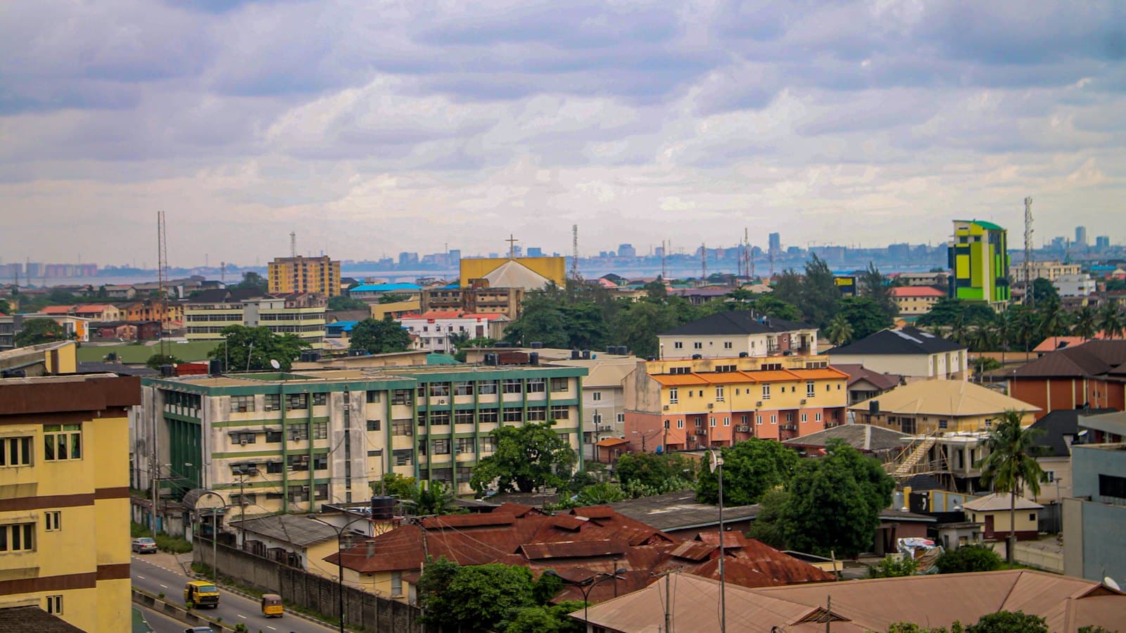 Rooftops and buildings of Lagos with the city skyline in the distance